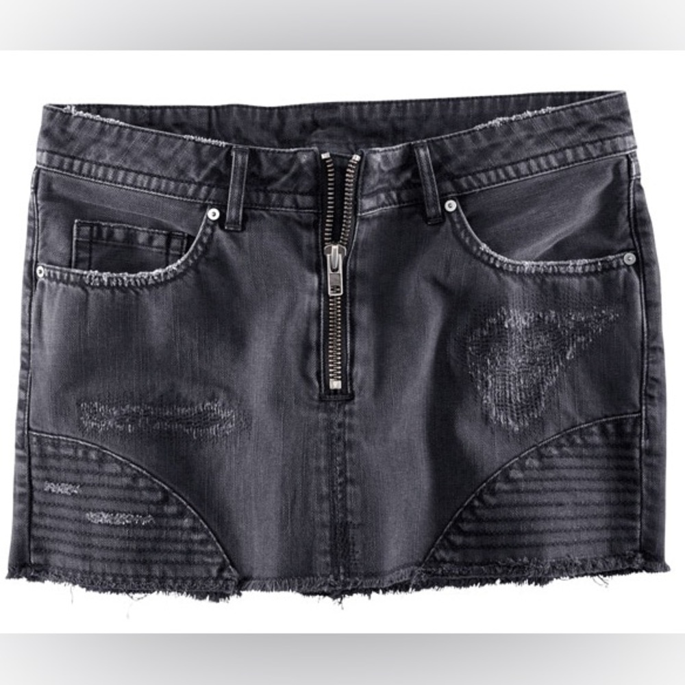 Trish Summerville H&M Dragon Tattoo Distressed Denim Mini Skirt biker millenium